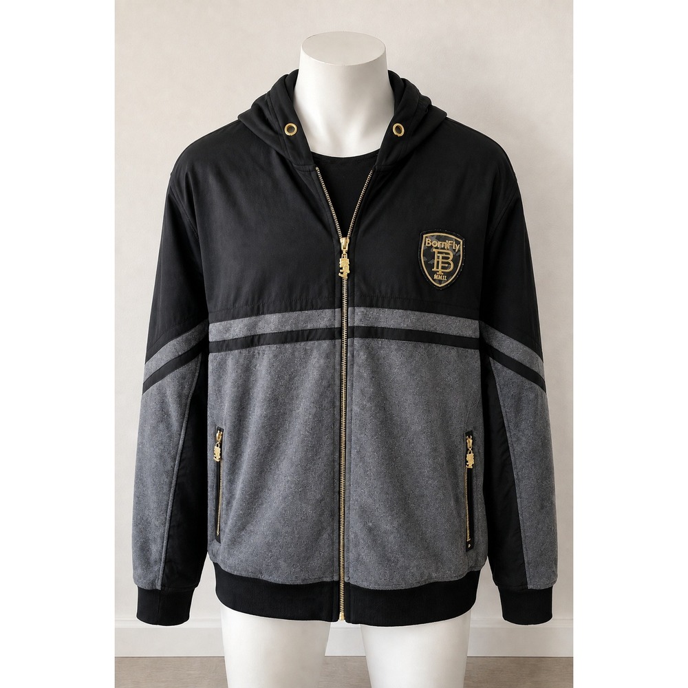 Born Fly Mens 3XL Full Zip Hoodie Black Gray Gold Embroidered Streetwear Jacket